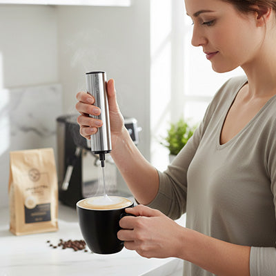 Mousseur a lait crèmenuage préparation mousse lait onctueuse tasse noire par femme