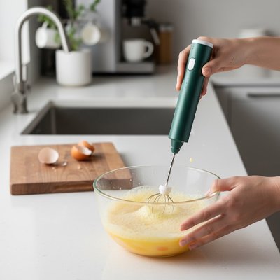Mousseur a lait verte utilisé pour mélanger jaune œuf