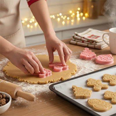 Personne utilisant des emporte pièces de Noël 3D roses pour découper et imprimer