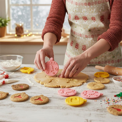Personne utilisant des emporte pièces de Noël avec motifs 3D pour découper et décorer des biscuits maison