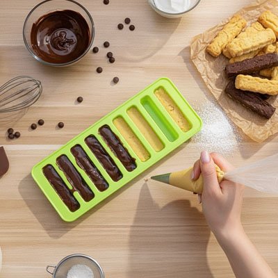 Remplissage de chocolat fondu dans moule silicone verte sur une table de cuisine 