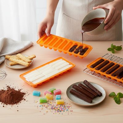 Remplissage de moule silicone à orange pour préparation de glaces au chocolat