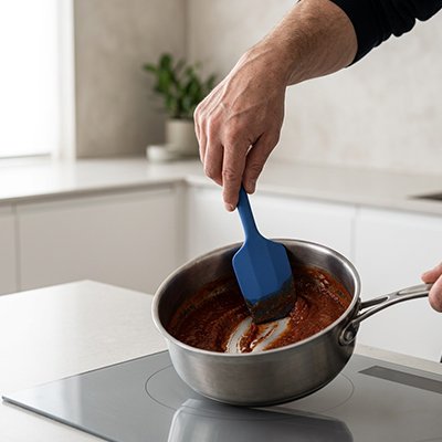 Spatule Cuisine en silicone bleue utilisée pour racler du chocolat fondu dans une casserole