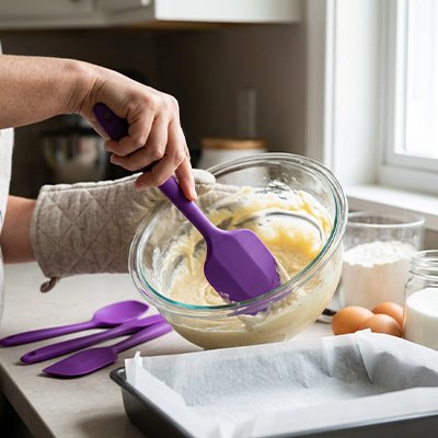 Spatule Cuisine en silicone violette utilisée pour mélanger une pâte dans un bol en verre