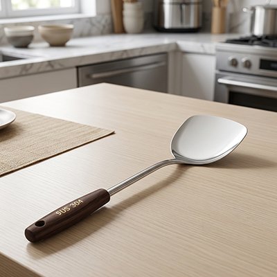 Spatule cuisine en acier inoxydable avec manche en bois posée sur plan de travail dans cuisine