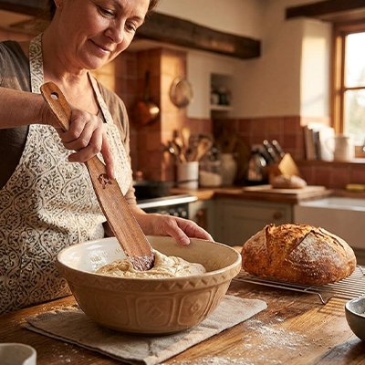 Spatule cuisine en bois utilisée pour mélanger une pâte maison dans un bol