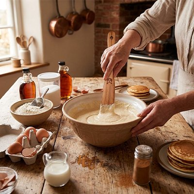 Spatule en bois utilisée pour mélanger une pâte dans grand bol