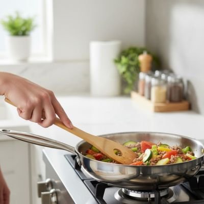 Spatule en bois utilisée pour cuisiner des légumes dans une poêle antiadhésive sur une plaque de cuisson moderne