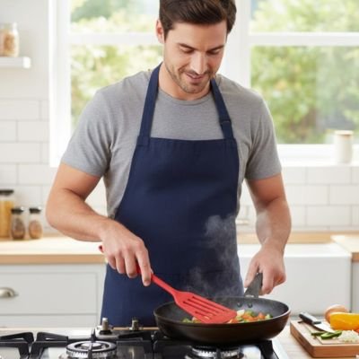 Spatule en silicone de couleur rouge utilisée pour cuisiner des légumes dans une poêle antiadhésive