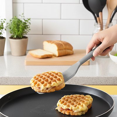 Spatule en silicone utilisée pour retourner des gaufres dans une poêle antiadhésive