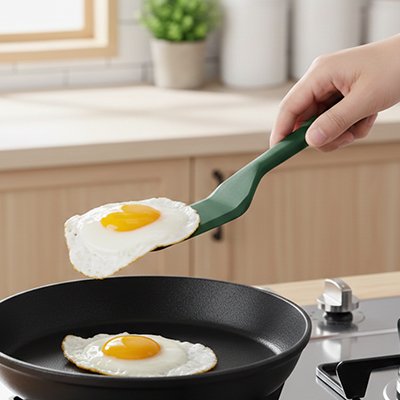 Spatule en silicone verte utilisée pour retourner un œuf au plat dans une poêle antiadhésive