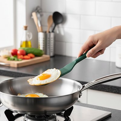 Spatule en silicone​ utilisée pour retourner un œuf au plat dans une poêle antiadhésive