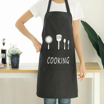 Tablier de cuisine noir imperméable avec grande poche frontale et design cooking