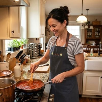 Tablier de cuisine porté par une femme préparant une sauce tomate