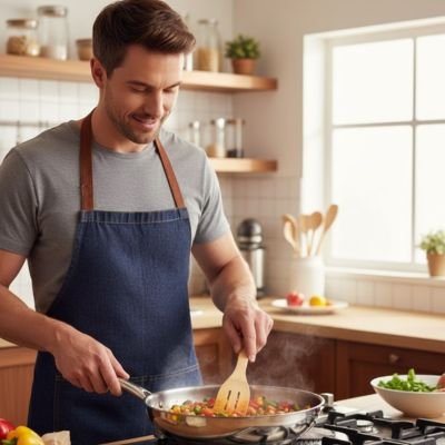 Un jeune homme préparant des légumes avec une Spatule en bois 