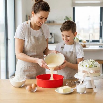 Une femme et un enfant versant leur preparation dans une moule à gâteau rond en silicone