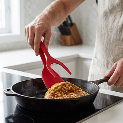 Utilisation d’une Spatule Cuisine rouge pour retourner des aliments dans une poêle pendant la cuisson