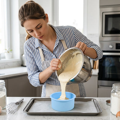 Versement pate gateau dans moule a gateau patisserie