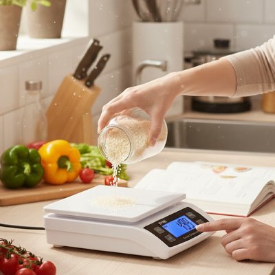 Balance Cuisine électronique pesant céréales versées sur plateau
