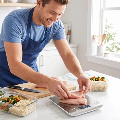 Balance Cuisine numérique pesant filets poulet sur plan travail