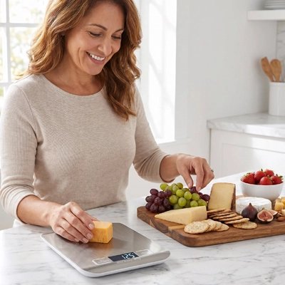 Balance Cuisine numérique pesant morceau fromage sur plan travail
