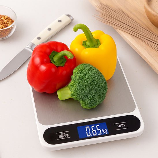 Balances de cuisine numériques pesant poivrons et brocoli avec précision
