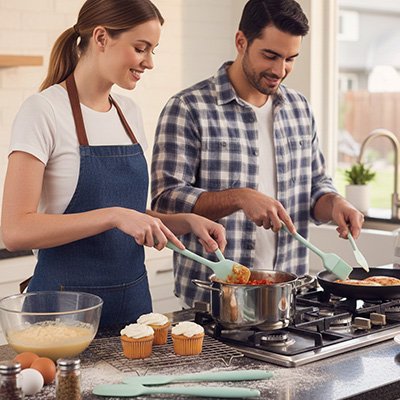 Couple cuisinant avec spatule cuisine en silicone dans cuisine