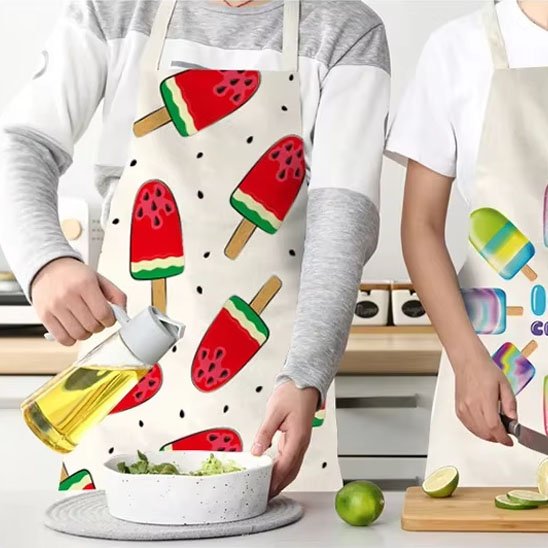 Deux personnes portant tablier de cuisine à motifs de glaces préparant salade dans cuisine