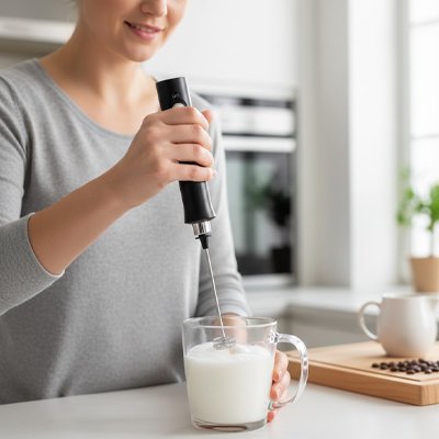 Femme agitant un mousseur à lait électrique dans un verre sur une table 
