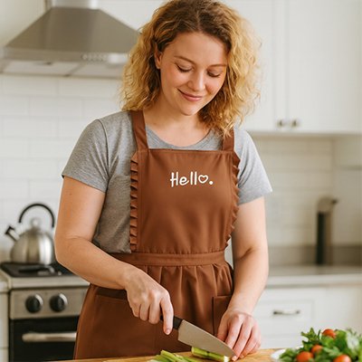 Femme coupant légumes avec tablier marron à volants dans cuisine