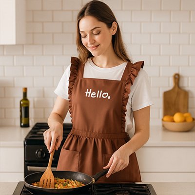 Femme cuisinant avec tablier marron à volants dans cuisine moderne