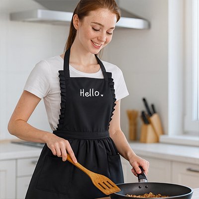 Femme cuisinant avec tablier noir à volants dans cuisine