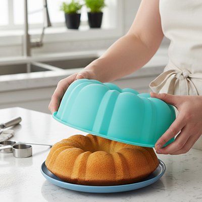 Femme démoulant gâteau du Moule a gateau 