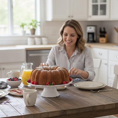Femme devant gâteau fait avec moule a gateau 