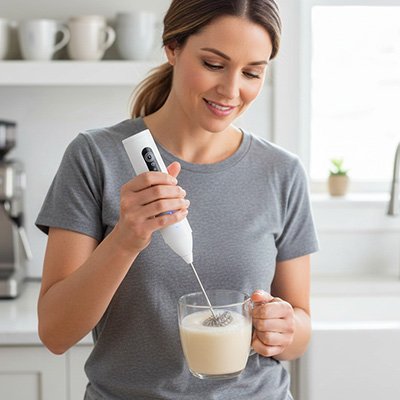 Femme mélangeant du lait avec mousseur a lait 