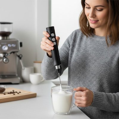 Femme mélangeant du lait dans un verre avec Mousseur à lait électrique 