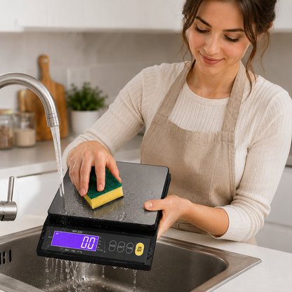 Femme nettoyant main balance de cuisine robinet