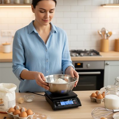 Femme pésant bol de farine avec Balance Cuisine numérique 