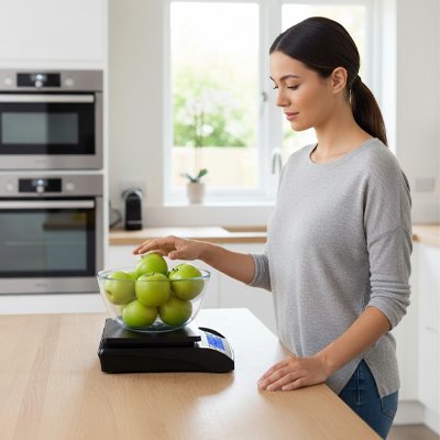 Femme pésant bol de pomme avec Balance Cuisine numérique 