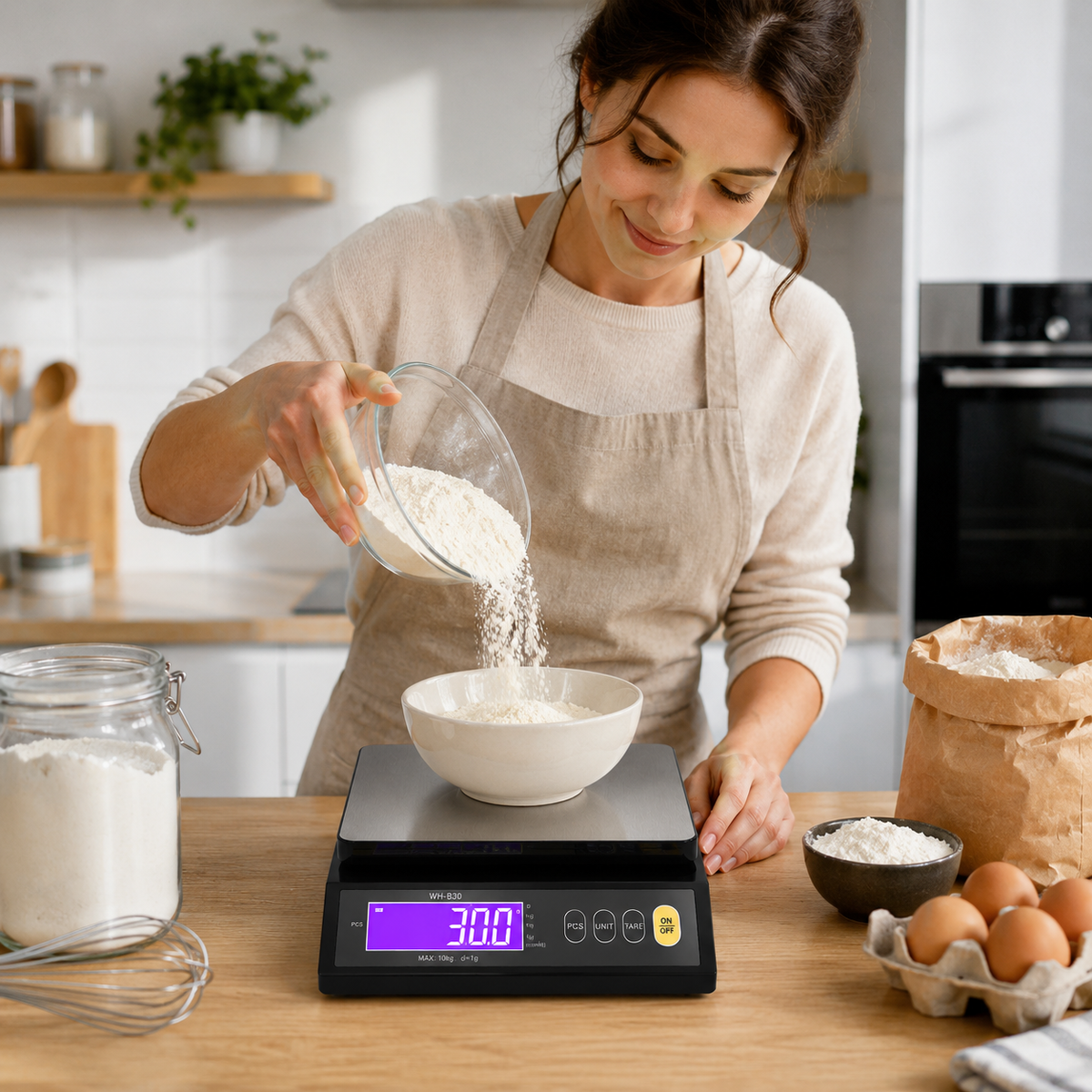 Femme peser farine cuisine balance de cuisine