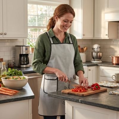Femme préparant des légumes avec un tablier imperméable gris à poche dans une cuisine