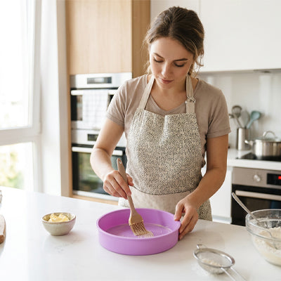 femme préparant moule à gateau rond silicone