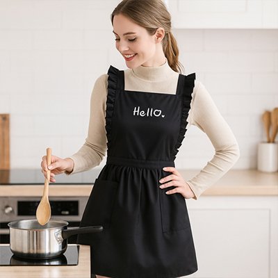 Femme préparant repas avec tablier noir à volants dans cuisine
