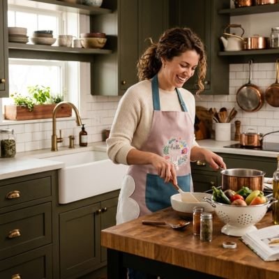 Femme préparant un repas avec un tablier de cuisine rose à grande poche dans une cuisine