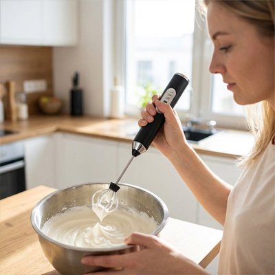 Femme préparant une crème avec mousseur à lait 