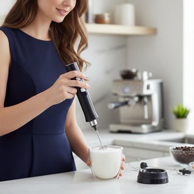 Femme préparant une mousse de lait avec mousseur à lait électrique 