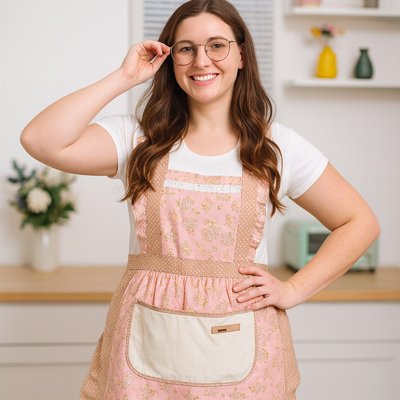 Femme souriante portant tablier de cuisine rose motif floral avec grande poche dans cuisine