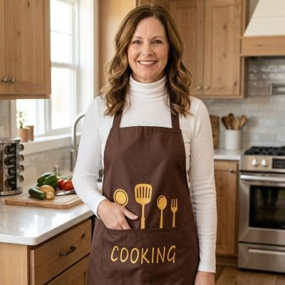 Femme souriante portant un tablier de cuisine marron avec motif d ustensiles dans une cuisine moderne