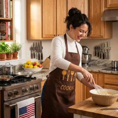 Femme-souriante-portant-un-tablier-de-cuisine-marron-avec-motif d ustensiles préparant une pâte