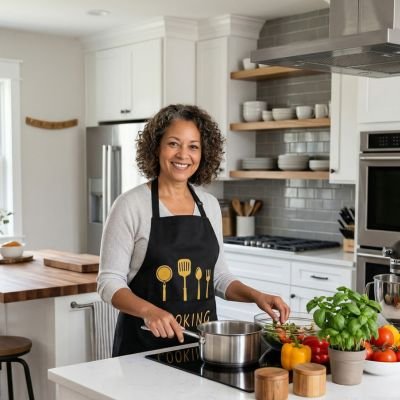 Femme souriante portant un tablier de cuisine noir avec motif-d-ustensiles